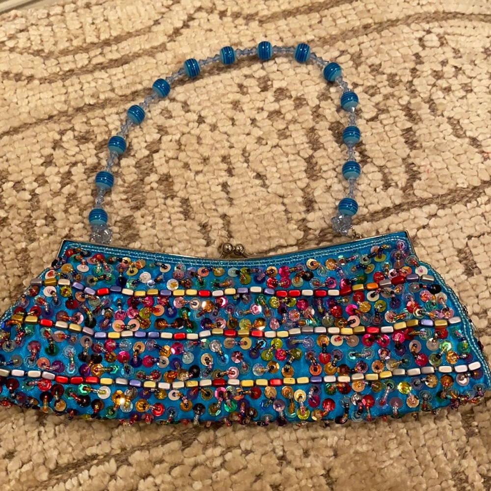 Teal Multicolored Beaded Small Clutch Bag